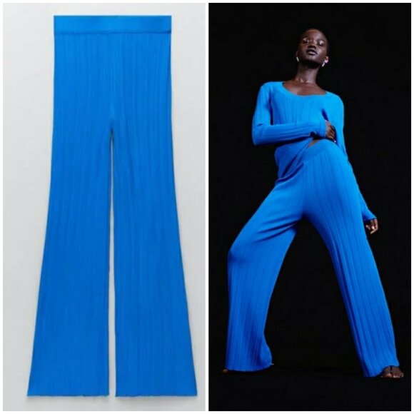 💕ZARA SPECIAL EDITION💕 Ribbed Knit Pants ~ Cobalt Blue Small S NWOT - Picture 1 of 13